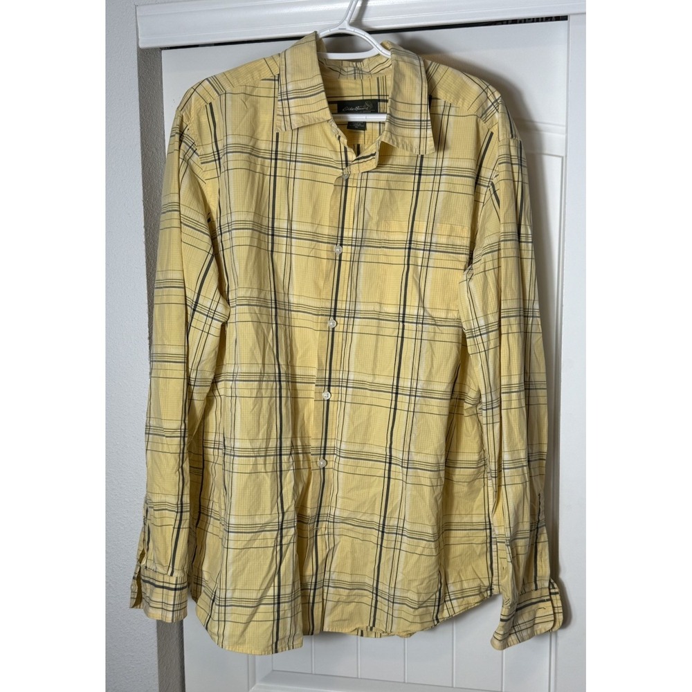 Eddie Bauer Mens XL Dress Shirt Button Yellow‎ Plaid Classic Fit Cotton